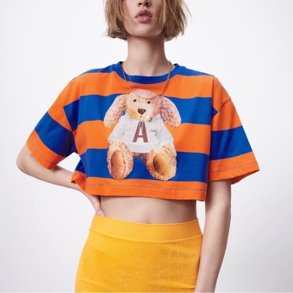 Zara teddy bear Striped Blue and Orange Crop Top medium - Picture 6 of 6